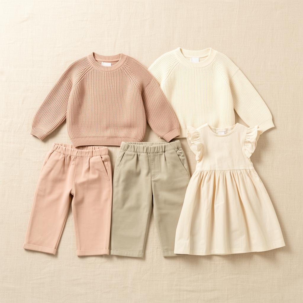 A curated capsule of four coordinated contemporary kids outfits